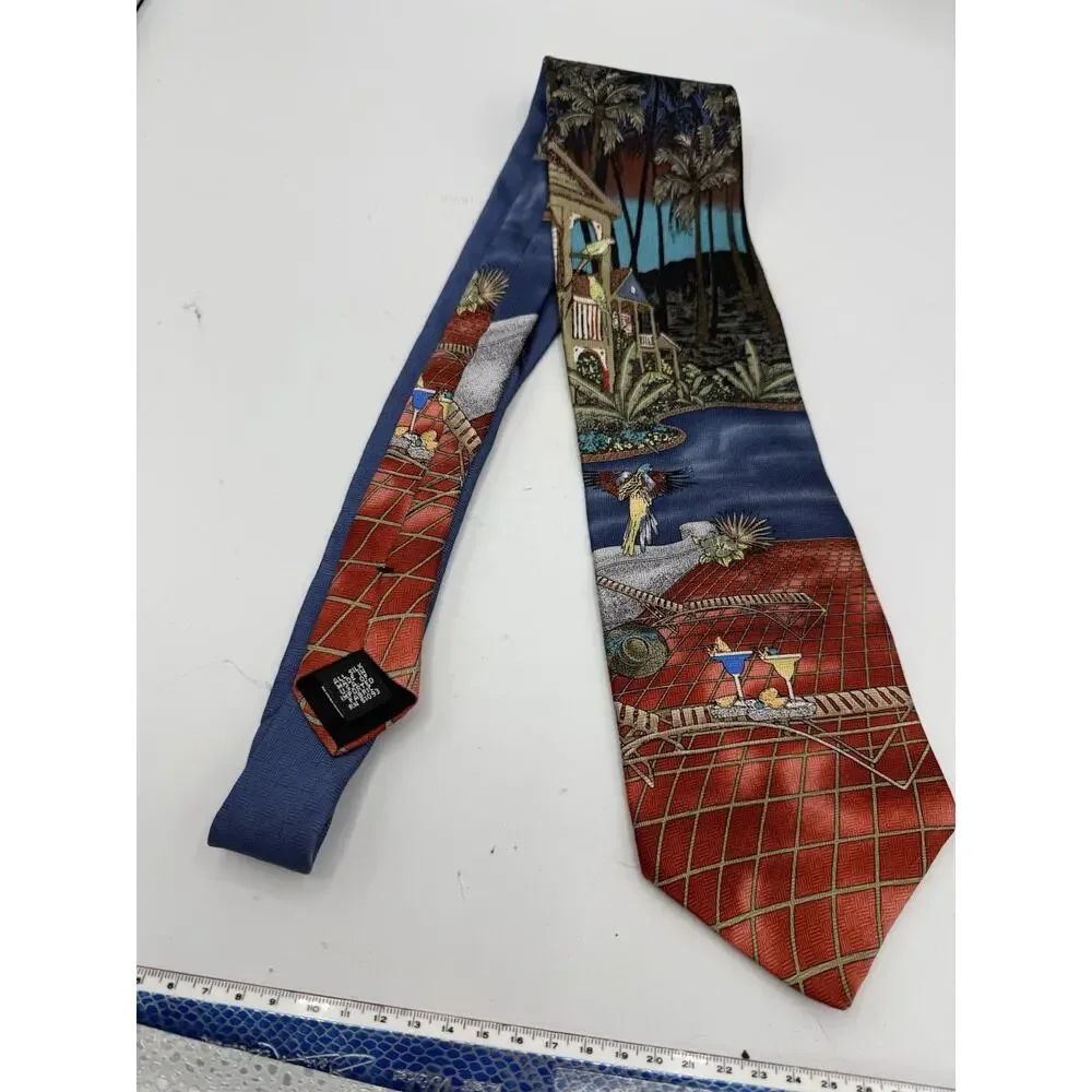 Vintage Croft & Barrow Silk Tie Tropical Parrot Palm Trees Novelty Made USA